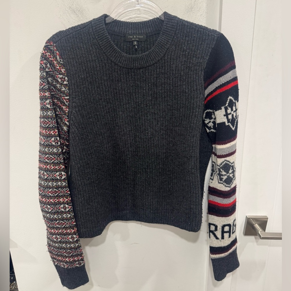 Rag & Bone Charcoal Sweater with Patterned Sleeves